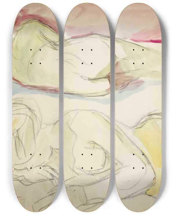 Triptych art skateboard deck of Edvard Munch To Liggende Akter by Edvard Munch (1863-1944)