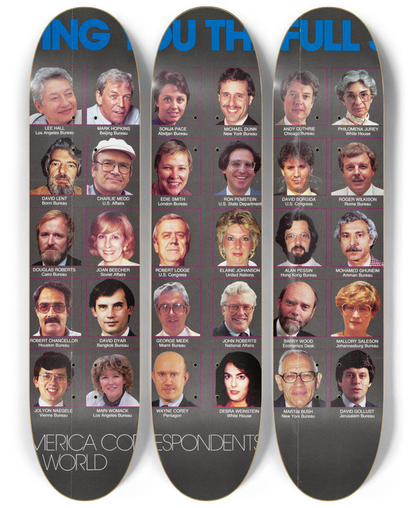 Triptych art skateboard deck of Us Information Agency Bringing You The Full Story Voice Of America Correspondents Around The World by U S Information Agency (1953-1999)