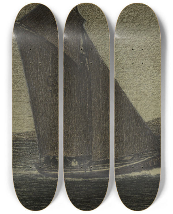 Triptych art skateboard deck of Karl Nordstrm Fishing Boat Tacking by Karl Nordstrom (1855-1923)