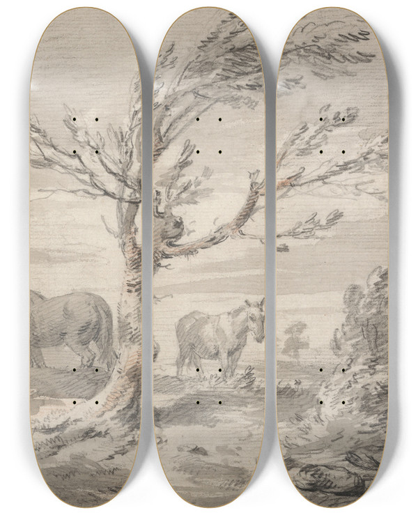 Triptych art skateboard deck of James Ward Landscape With Three Horses And A Tree In The Foreground by James Ward (1769-1859)