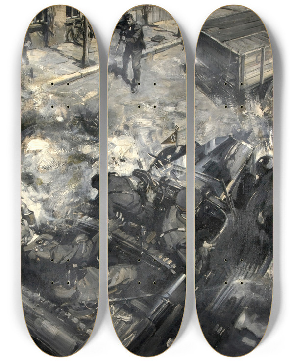 Triptych art skateboard deck of Terence Cuneo Assassination Of Reinhard Heydrich by Terence Cuneo (1907-1996)