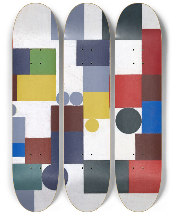Triptych art skateboard deck of Sophie Taeuberarp Composition With Tetragons Rectangles And Circles Congruent by Sophie Taeuber-Arp (1889-1943)