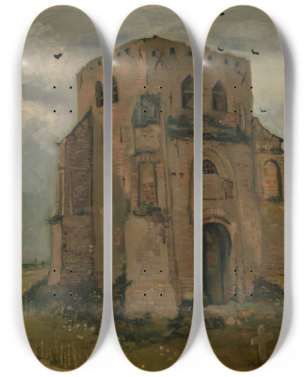 Triptych art skateboard deck of Vincent Van Gogh The Old Church Tower At Nuenen The Peasants Churchyard by Vincent van Gogh (1853-1890)