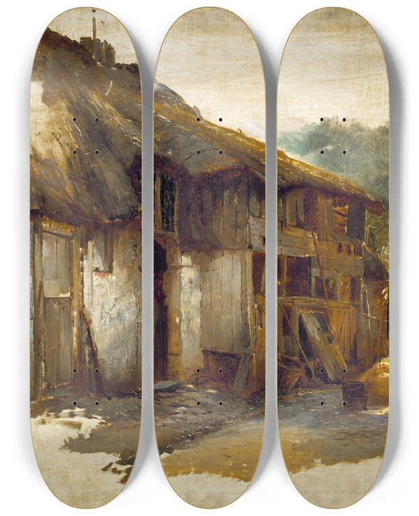Triptych art skateboard deck of Jan August Hendrik Leys Farmhouse by Jan August Hendrik Leys (1815-1869)