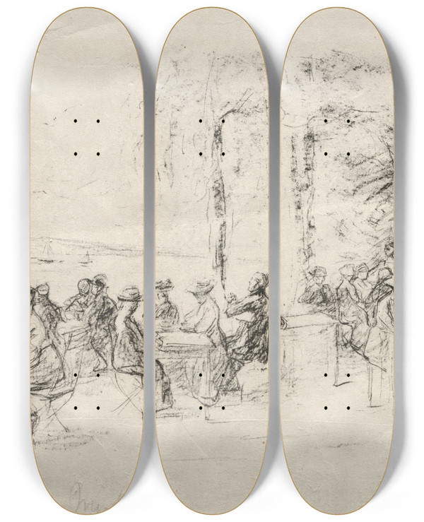 Triptych art skateboard deck of Max Liebermann Cafe On The Havel by Max Liebermann (1847-1935)