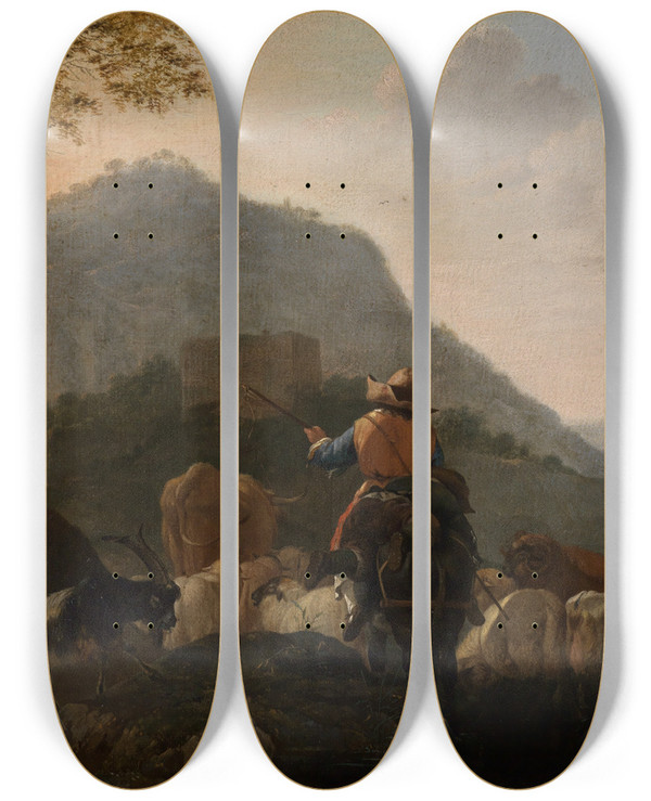 Triptych art skateboard deck of Johann Heinrich Roos Ausziehende Hirten Mit Ihrer Herde In Sdlicher Berglandschaft by Johann Heinrich Roos (1631-1685)