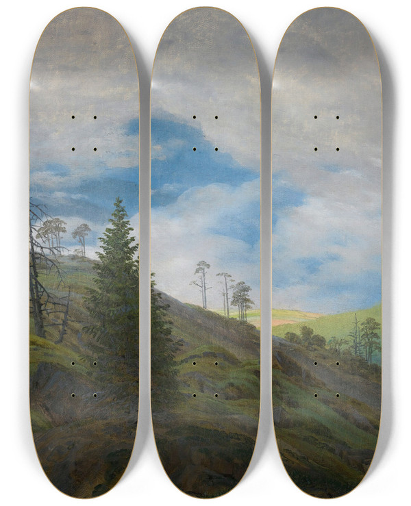 Triptych art skateboard deck of Caspar David Friedrich Sonnenblick Im Riesengebirge Sunburst In The Riesengebirge by Caspar David Friedrich (1774-1840)