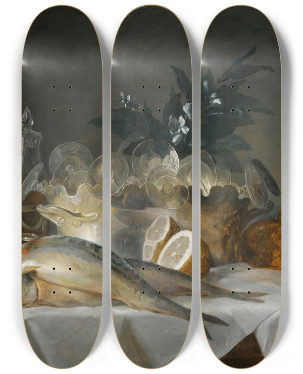 Triptych art skateboard deck of Anne Vallayercoster A Still Life Of Mackerel Glassware A Loaf Of Bread Andlemons On A Table With A White Cloth by Anne Vallayer-Coster (1744-1818)