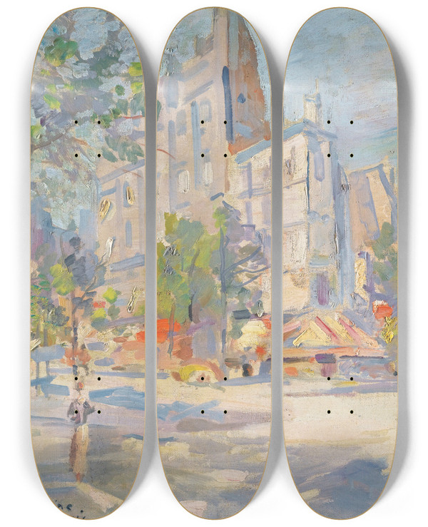 Triptych art skateboard deck of Konstantin Alexeevich Korovin Paris In Spring by Konstantin Alexeevich Korovin (1861-1939)