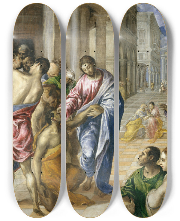 Triptych art skateboard deck of El Greco Domenikos Theotokopoulos Christ Healing The Blind by El Greco Domenikos Theotokopoulos (1540-1614)