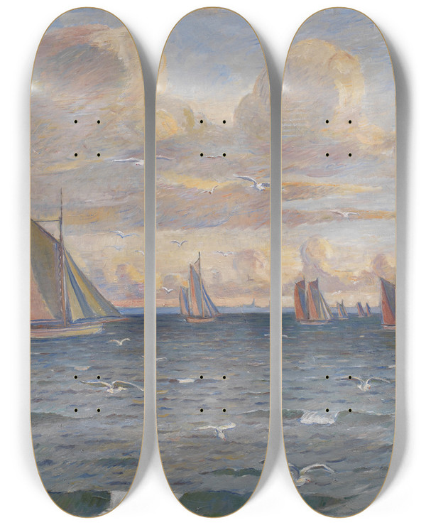 Triptych art skateboard deck of Poul Simon Christiansen Ships In The Sound by Poul Simon Christiansen (1855-1933)