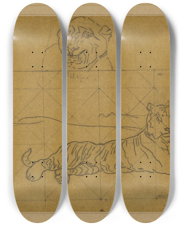 Triptych art skateboard deck of Antoinelouis Barye Deux Tudes De Tigres by Antoine-Louis Barye (1796-1875)
