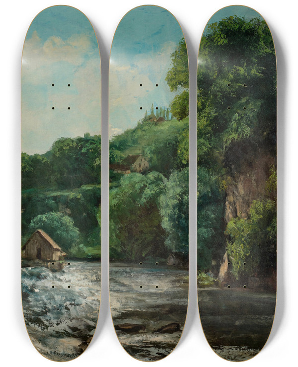 Triptych art skateboard deck of Gustave Courbet Un Barrage Prs Dornans Or Lcluse De La Loue by Gustave Courbet (1819-1877)