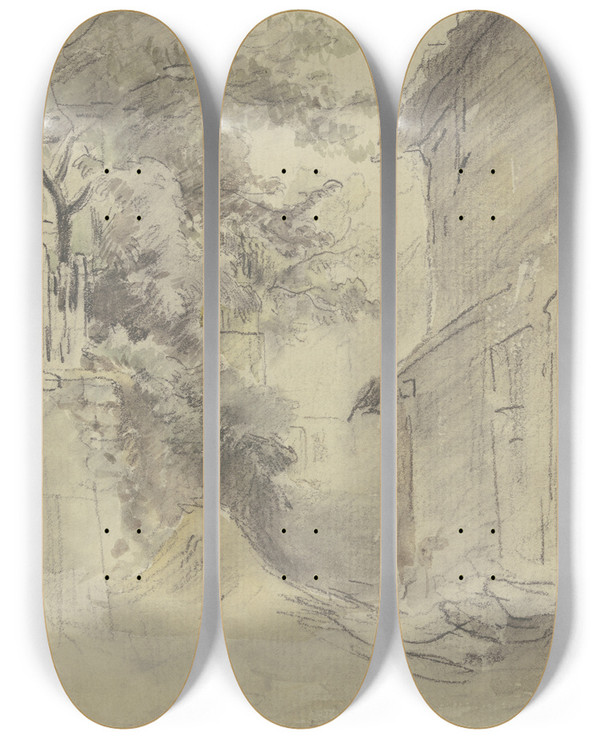 Triptych art skateboard deck of Anton Burger Durchgang Zwischen Zwei Husern by Anton Burger (1824-1905)