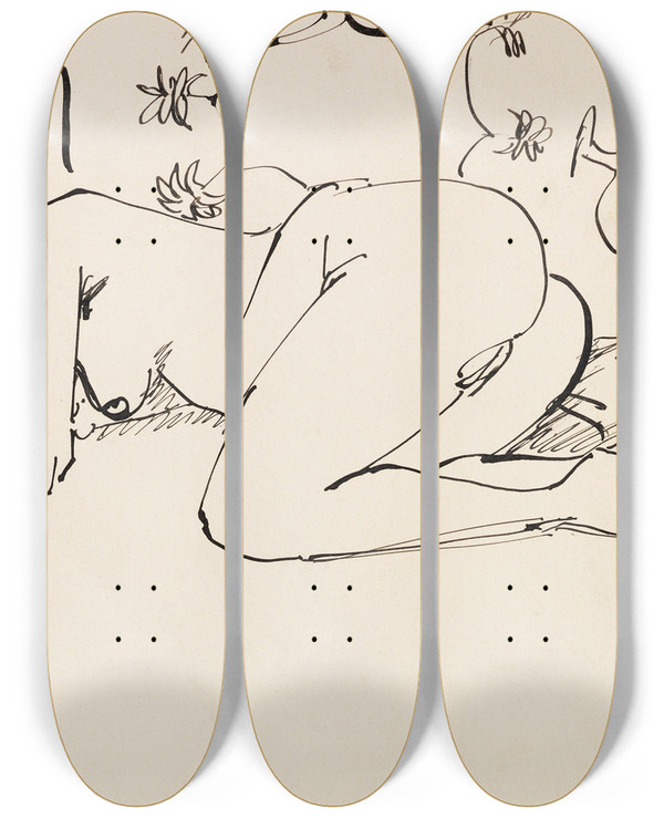 Triptych art skateboard deck of Ernst Ludwig Kirchner Liegender Mdchenakt Akt Vor Wandbehang by Ernst Ludwig Kirchner (1880-1938)