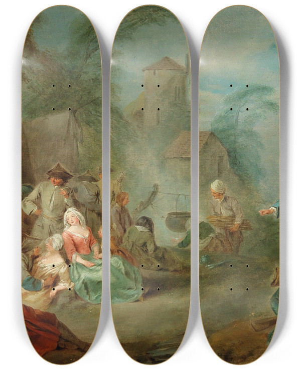 Triptych art skateboard deck of Jeanbaptiste Pater A Military Encampment by Jean-Baptiste Pater (1695-1736)