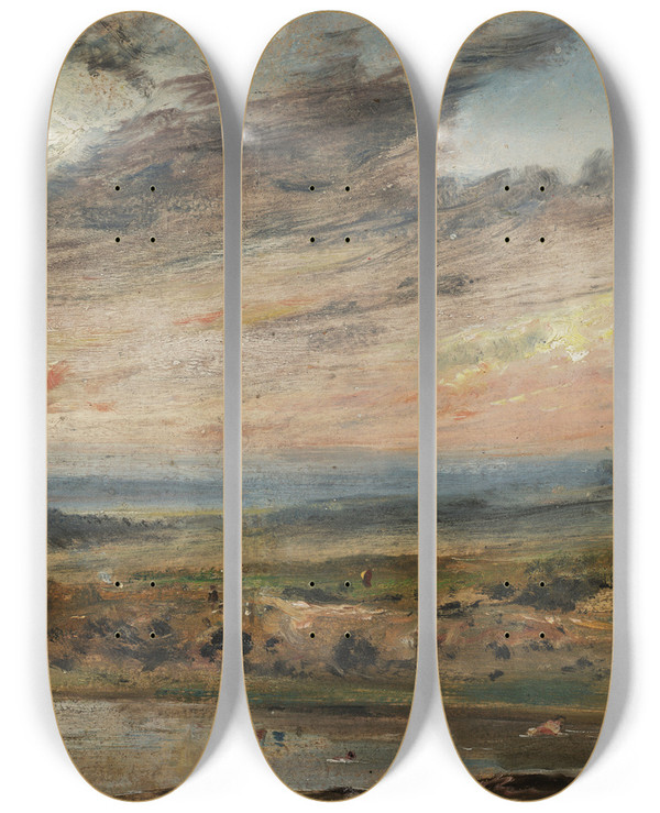 Triptych art skateboard deck of John Constable Hampstead Heath With Pond And Bathers by John Constable (1776-1837)