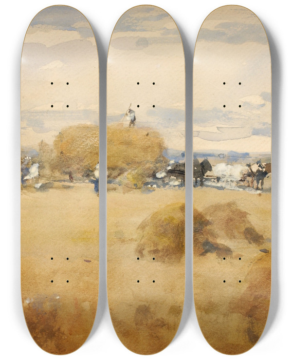 Triptych art skateboard deck of William Henry Holmes Haymaking Scene by William Henry Holmes (1846-1933)