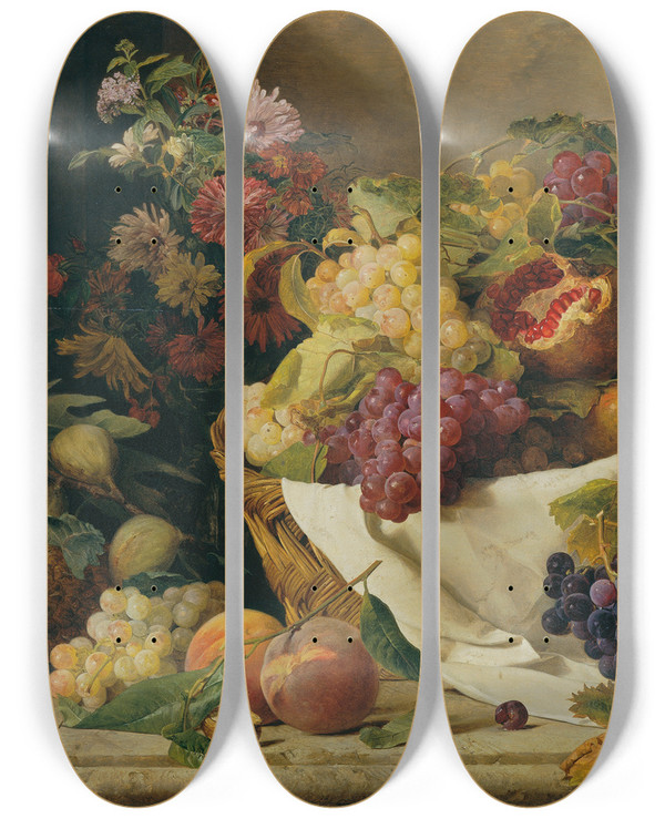 Triptych art skateboard deck of Rosalia Amon Stillleben Mit Frchten Und Blumen by Rosalia Amon (1825-1856)