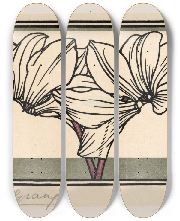 Triptych art skateboard deck of Julie De Graag Cyclamen_2 by Julie de Graag (1877-1924)