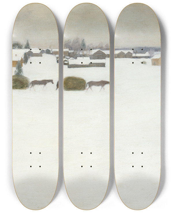 Triptych art skateboard deck of Pekka Halonen Load Of Hay by Pekka Halonen (1865-1933)