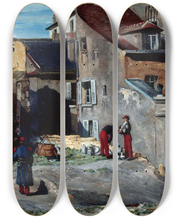 Triptych art skateboard deck of Auguste Louis Lepre Pisode De La Commune Rue Des Rosiers Montmartre by Auguste Louis Lepere (1849-1918)