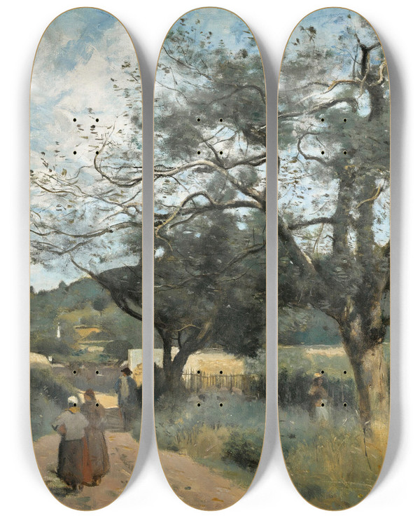 Triptych art skateboard deck of Jeanbaptistecamille Corot Marcoussis Route Travers Les Champs by Jean-Baptiste-Camille Corot (1796-1875)