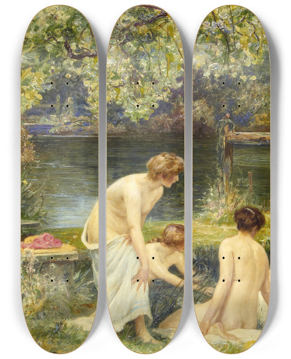 Triptych art skateboard deck of Robert Walker Macbeth A Summer Morning by Robert Walker Macbeth (1848-1910)