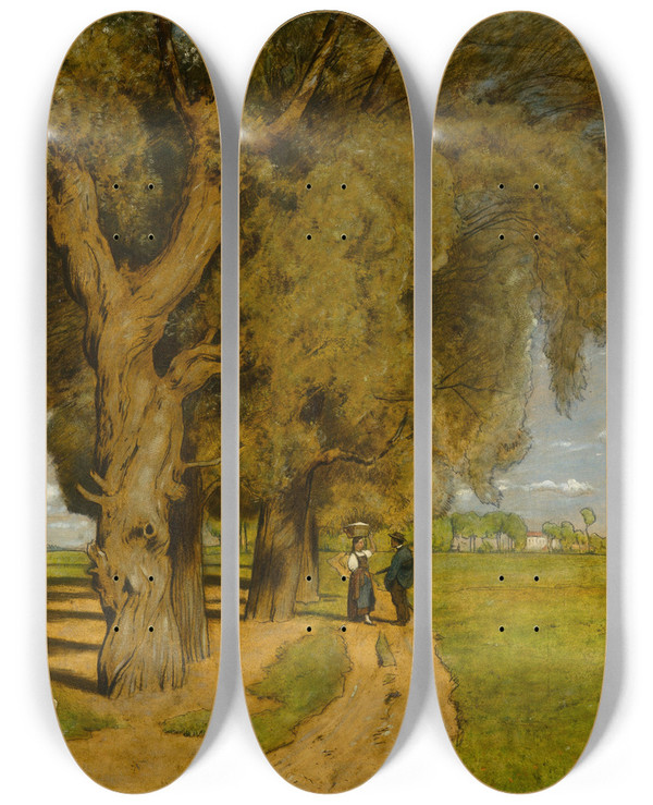 Triptych art skateboard deck of Hans Thoma Summer Landscape Near Karlsruhe by Hans Thoma (1839-1924)