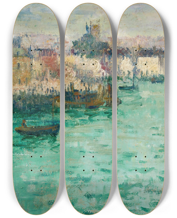 Triptych art skateboard deck of Gustave Loiseau Avant Port De Dieppe by Gustave Loiseau (1865-1935)