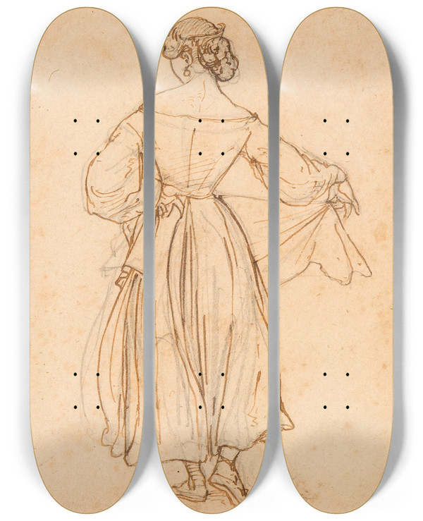 Triptych art skateboard deck of Wilhelm Marstrand Figure Study For Dancing Roman Woman by Wilhelm Marstrand (1810-1873)