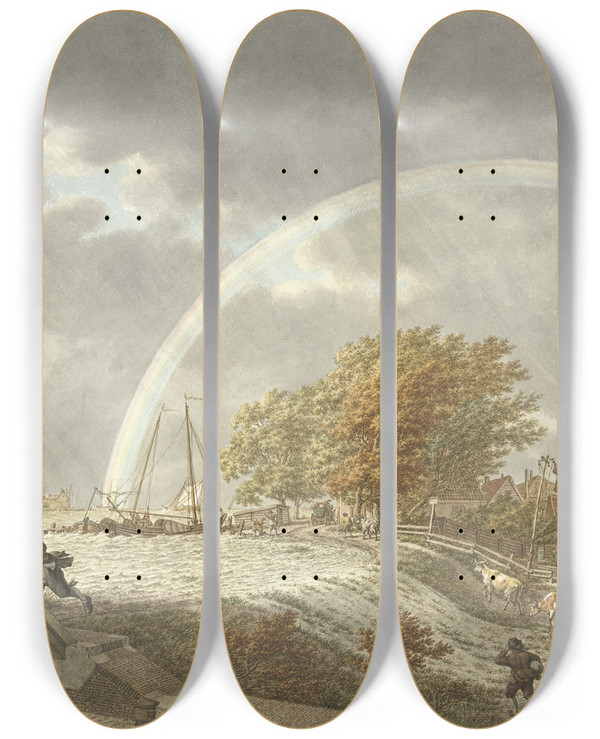 Triptych art skateboard deck of Jacob Cats Herfst Avond En Water by Jacob Cats (1741-1799)