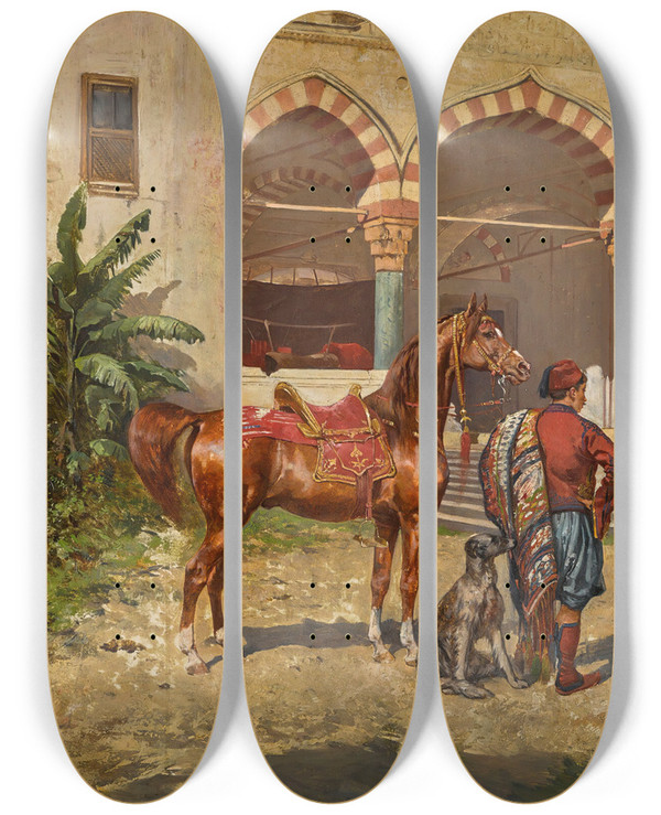 Triptych art skateboard deck of Tadeusz Ajdukiewicz A Turkish Courtyard by Tadeusz Ajdukiewicz (1852-1916)