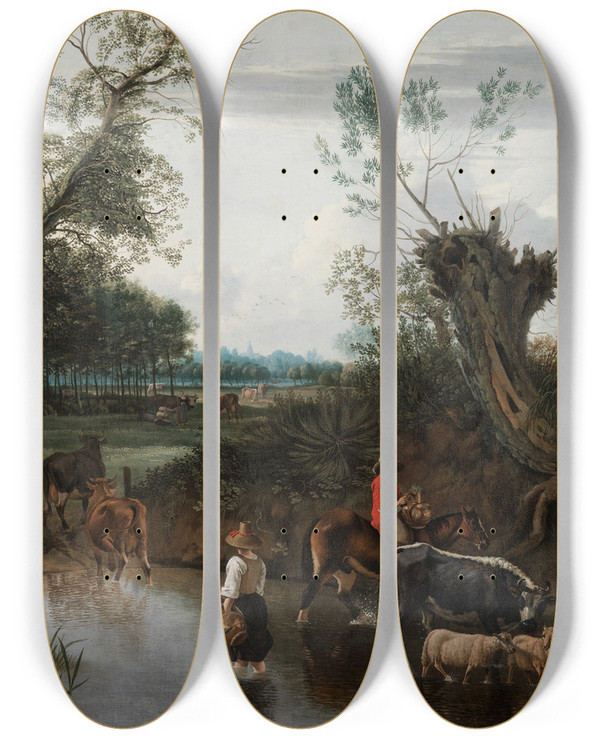 Triptych art skateboard deck of Jan Siberechts Peasants Crossing A Stream by Jan Siberechts (1627-1703)