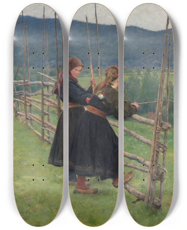 Triptych art skateboard deck of Erik Werenskiold September by Erik Werenskiold (1855-1938)
