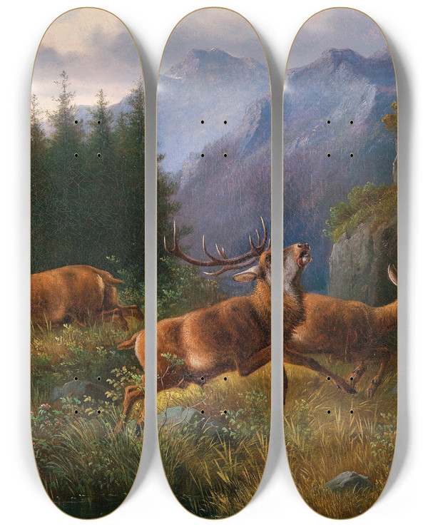 Triptych art skateboard deck of Moritz Mller Stags In The Mountains by Moritz Melzer (1841-1899)