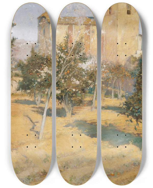 Triptych art skateboard deck of Joaquin Mir Trinxet The Rectors Orchard by Joaquin Mir Trinxet (1873-1940)