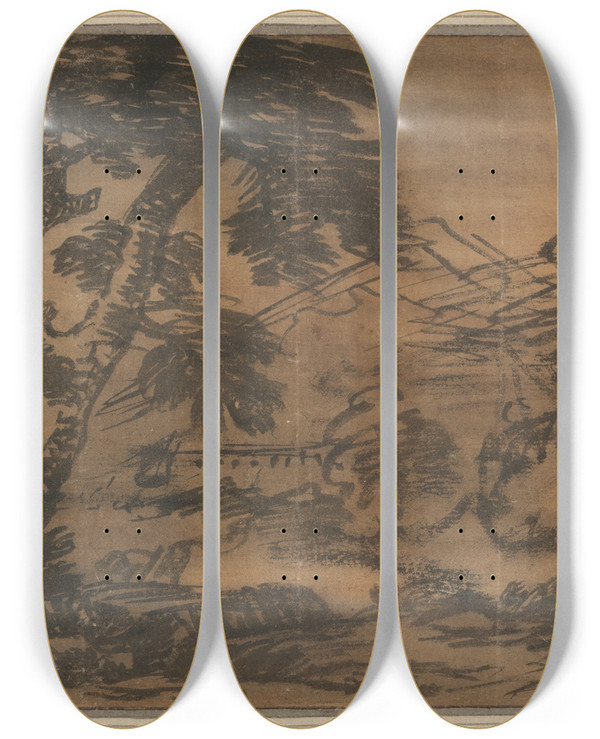 Triptych art skateboard deck of Alexander Cozens Tree And Distant Hills by Alexander Cozens (1717-1786)
