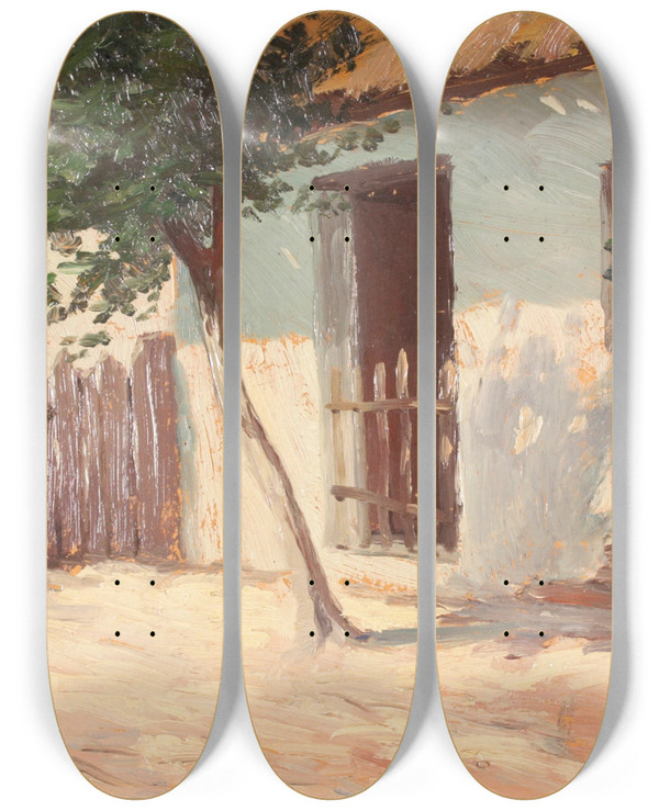 Triptych art skateboard deck of Goston Cs Am Bauernhof by Agoston Acs (1889-1947)