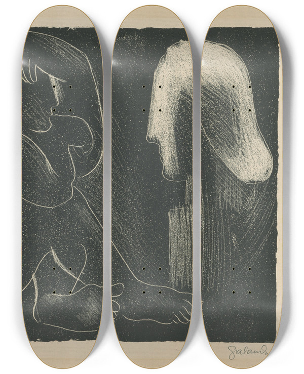Triptych art skateboard deck of Mikul Galanda Sochr A Socha by Mikulas Galanda (1895-1938)