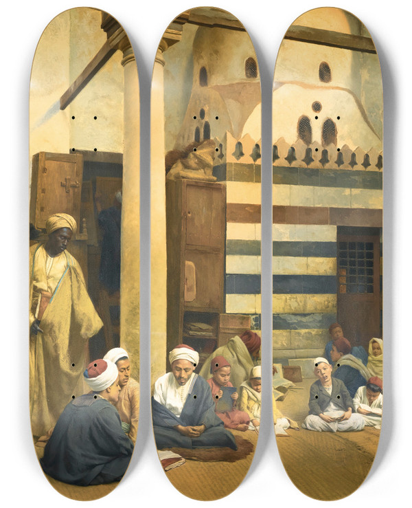 Triptych art skateboard deck of Ludwig Deutsch In The Madrasa by Ludwig Deutsch (1855-1935)
