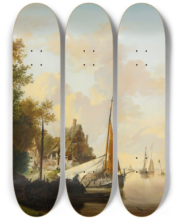 Triptych art skateboard deck of Jan Van Os Mother And Child By A River by Jan Van Os (1744-1808)