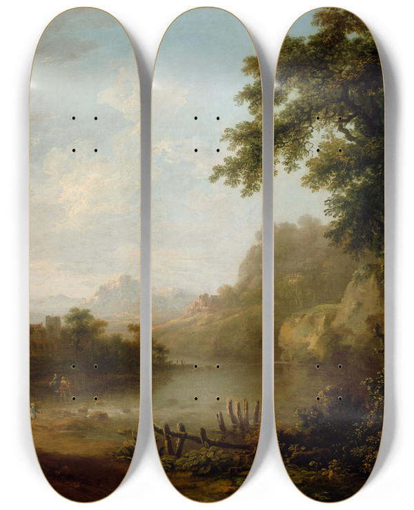 Triptych art skateboard deck of George Barret An Italianate Wooded River Landscape With Figures by George Barret (1767-1842)
