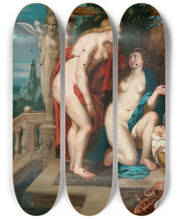 Triptych art skateboard deck of Follower Of Peter Paul Rubens The Daughters Of Cecrops Finding The Child Erichthonius by Follower Of Peter Paul Rubens (1577-1640)