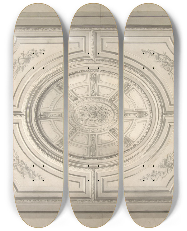 Triptych art skateboard deck of Julesedmondcharles Lachaise Design For A Ceiling With Trophies And A Trompe Loeil Coffers by Jules-Edmond-Charles Lachaise (1897)