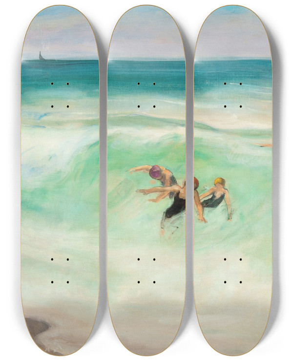 Triptych art skateboard deck of Henri Lebasque Baigneurs Dans La Vague by Henri Lebasque (1865-1937)