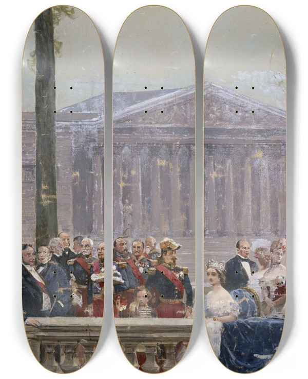 Triptych art skateboard deck of Henri Gervex La Famille Impriale Entoure De Nombreuses Personnalits Du Second Empire Devant Le Palais Bourbon by Henri Gervex (1852-1929)
