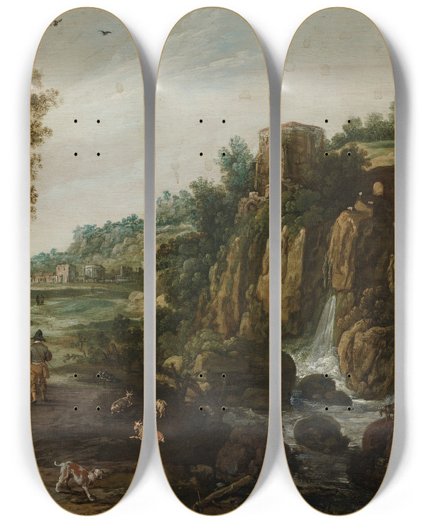 Triptych art skateboard deck of Esaias Van De Velde A Rocky Landscape With A Waterfall And Ruth And Boaz by Esaias van de Velde (1587-1630)