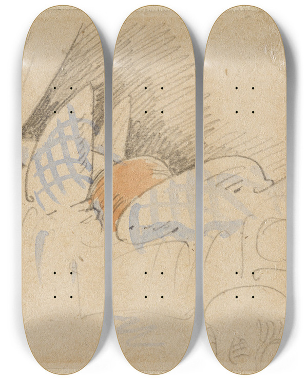 Triptych art skateboard deck of Wilhelm Busch Die Gestrte Aber Glcklich Wieder Errungene Nachtruhe Der Floh 10 by Wilhelm Busch (1832-1908)
