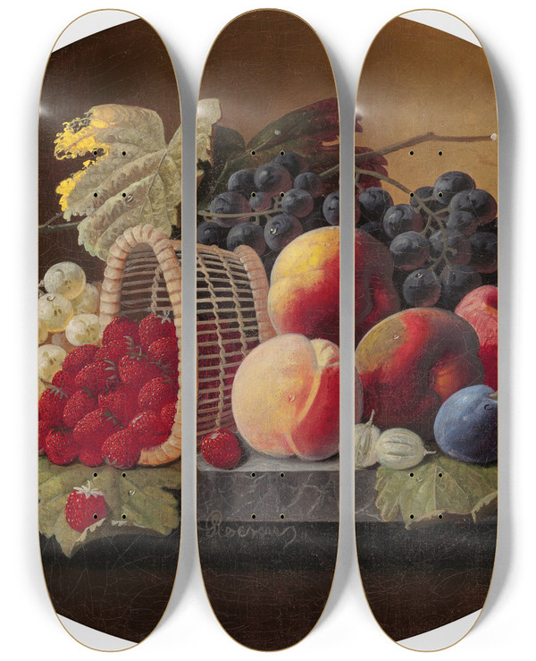 Triptych art skateboard deck of Severin Roesen Still Life With Peaches Grapes And Basket Of Strawberries by Severin Roesen (1816-1872)